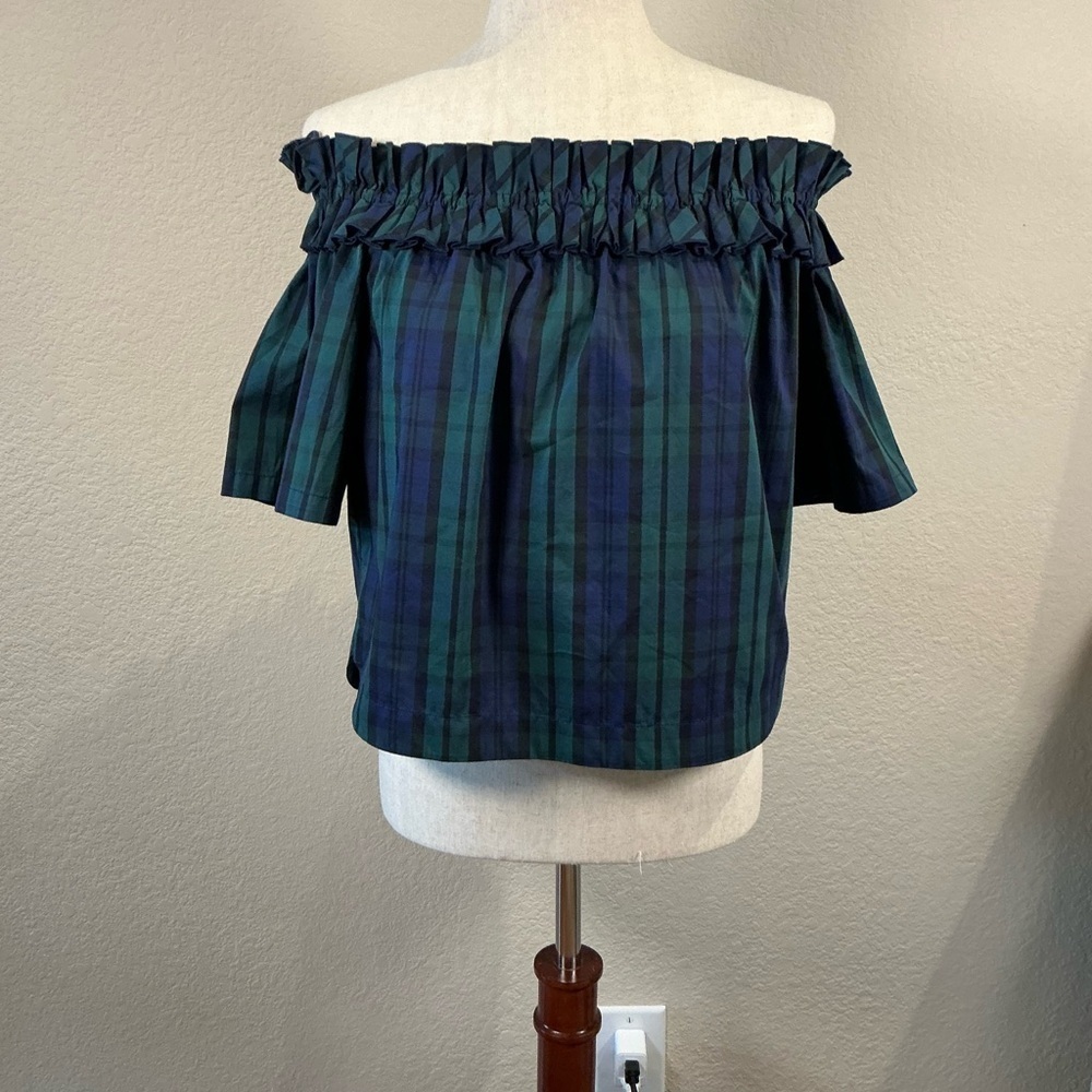 Vineyard Vines Off-Shoulder Plaid Blouse - Navy and Green Sz XS